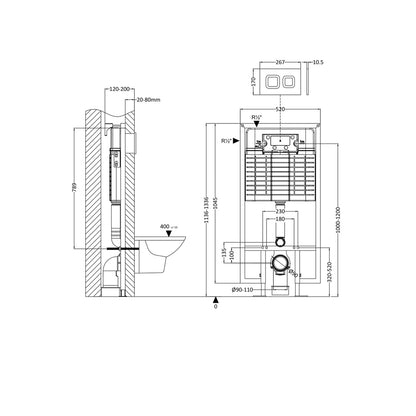 Nuie Concealed Cisterns And Frames Dual Flush Concealed Cistern Frame Square Plate Contemporary Matt Black Stainless Steel 1136x520x204mm - JJ Building Materials