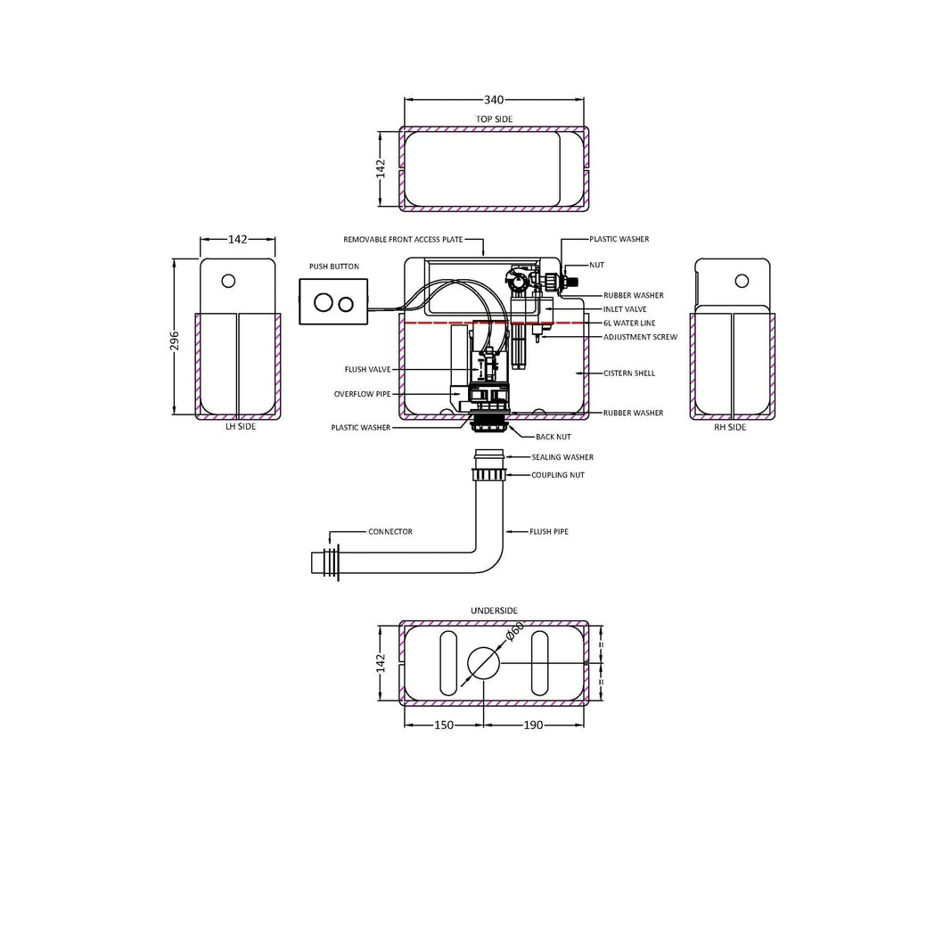 Nuie Concealed Cisterns And Frames Pneumatic Dual Flush Universal Access Concealed Cistern Contemporary Matt Black Plastic 305x364x164mm - JJ Building Materials
