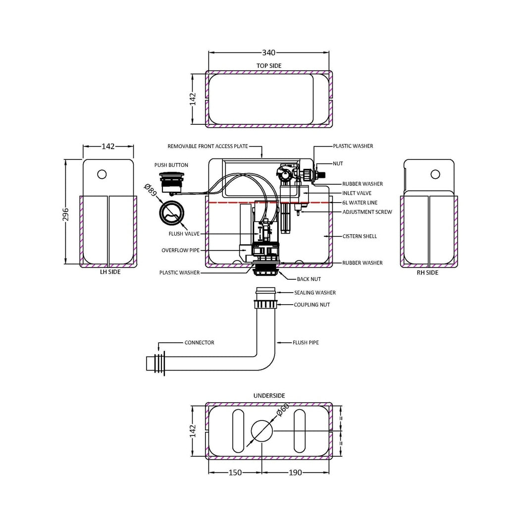 Nuie Concealed Cisterns And Frames Pneumatic Dual Flush Universal Access Concealed Cistern Contemporary White Plastic 305x364x164mm - JJ Building Materials