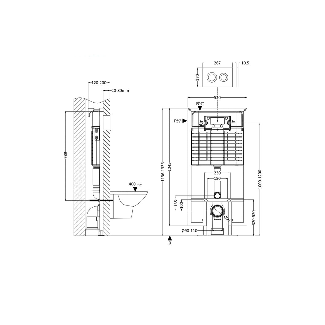 Nuie Concealed Cisterns And Frames Round Dual Flush Push Button Contemporary Chrome Stainless Steel 1136x520x204mm - JJ Building Materials