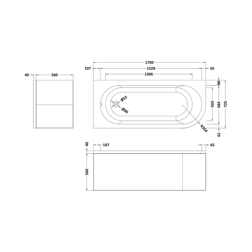 Nuie Crescent Left Hand Back To Wall Corner Bath Contemporary White Acrylic - BSG005L - JJ Building Materials