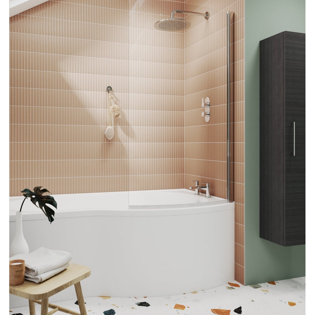 Nuie Curved Bath Screen Contemporary Chrome Aluminium 1430x858x38mm - JJ Building Materials