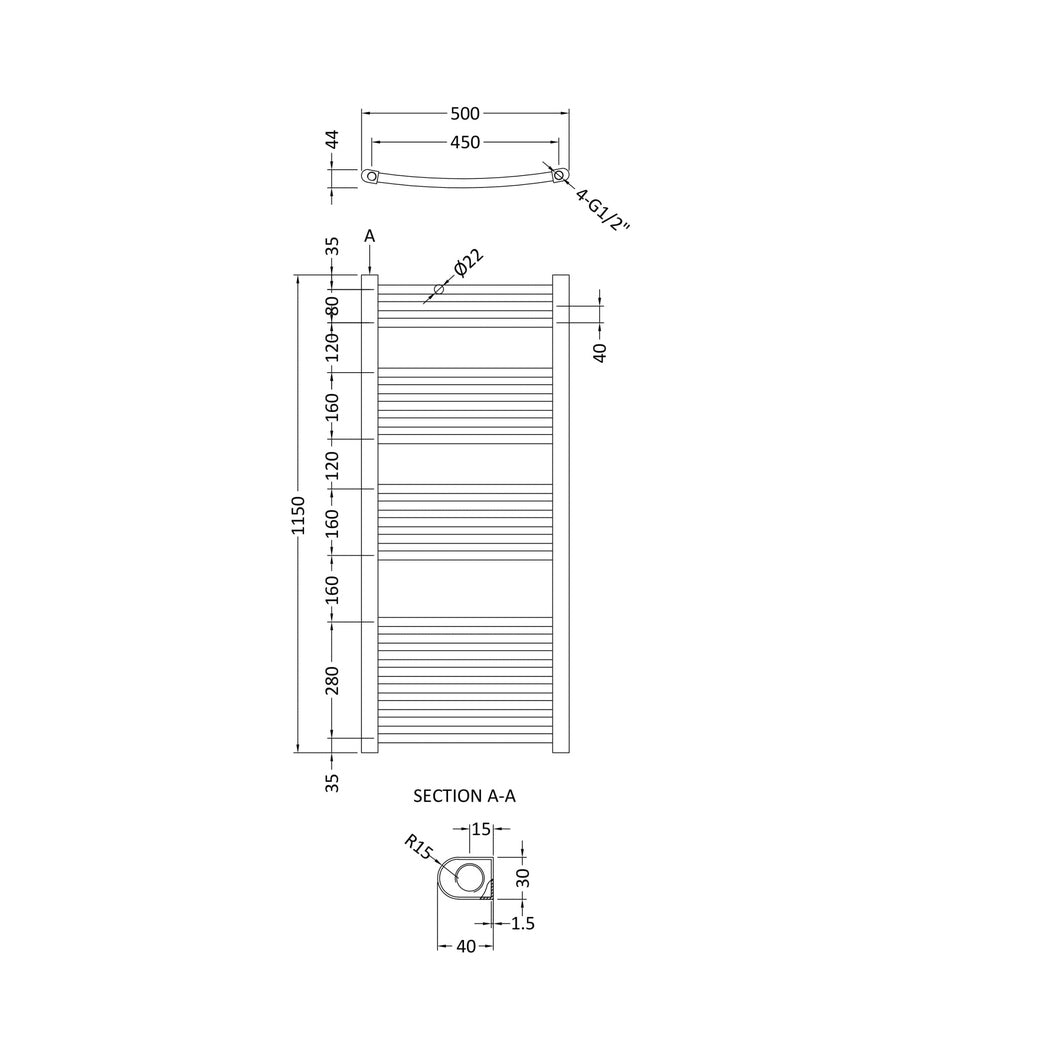 Nuie Curved Ladder Rail Contemporary Anthracite Steel 1150x500x44mm - JJ Building Materials