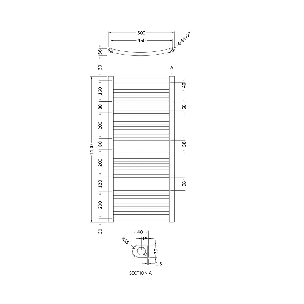 Nuie Curved Ladder Rail Contemporary Chrome Steel 1100x500x56mm - JJ Building Materials