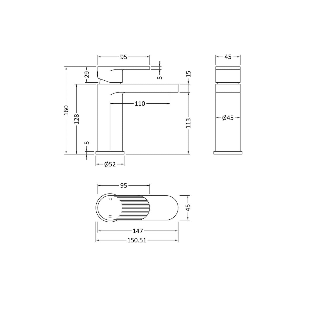Nuie Cyprus Fluted Mono Basin Mixer With Push Button Waste Contemporary Brushed Pewter Brass 160x52x150mm - JJ Building Materials