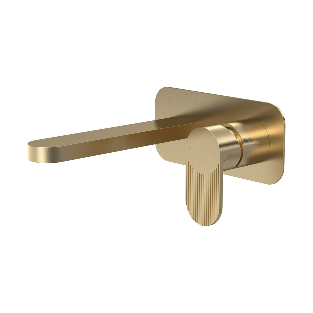 Nuie Cyprus Wall Mounted 2 Tap Hole Basin Mixer With Plate Contemporary Brushed Brass Brass 108x180x193mm - JJ Building Materials
