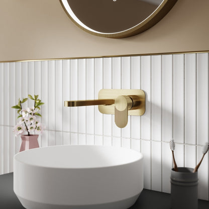 Nuie Cyprus Wall Mounted 2 Tap Hole Basin Mixer With Plate Contemporary Brushed Brass Brass 108x180x193mm - JJ Building Materials