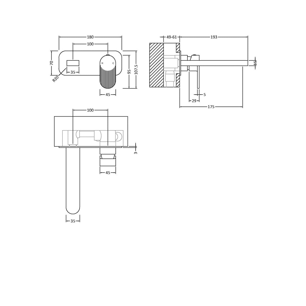 Nuie Cyprus Wall Mounted 2 Tap Hole Basin Mixer With Plate Contemporary Brushed Brass Brass 108x180x193mm - JJ Building Materials