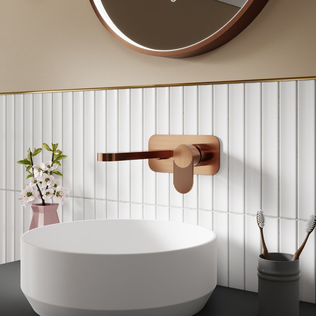 Nuie Cyprus Wall Mounted 2 Tap Hole Basin Mixer With Plate Contemporary Brushed Bronze Brass 108x180x193mm - JJ Building Materials