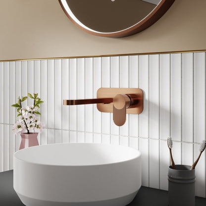 Nuie Cyprus Wall Mounted 2 Tap Hole Basin Mixer With Plate Contemporary Brushed Bronze Brass 108x180x193mm - JJ Building Materials