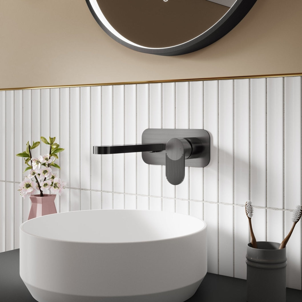 Nuie Cyprus Wall Mounted 2 Tap Hole Basin Mixer With Plate Contemporary Brushed Pewter Brass 108x180x193mm - JJ Building Materials