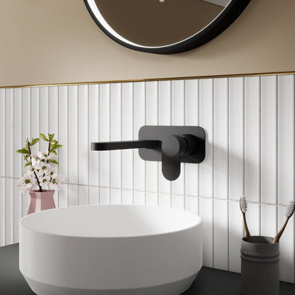 Nuie Cyprus Wall Mounted 2 Tap Hole Basin Mixer With Plate Contemporary Matt Black Brass 108x180x193mm - JJ Building Materials