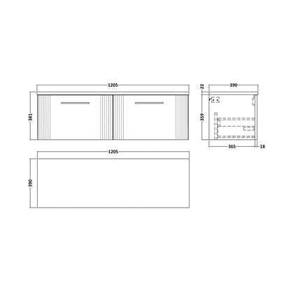 Nuie Deco 1200 Wall Hung 2-drawer Vanity & Laminate Worktop Contemporary Satin Blue MFC Painted Gloss 405x1215x455mm - DPF394LBG2 - JJ Building Materials
