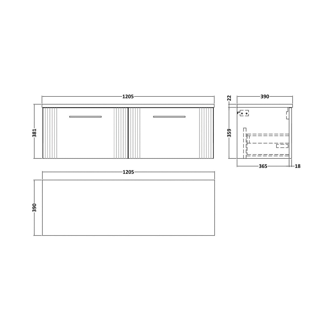 Nuie Deco 1200 Wall Hung 2-drawer Vanity & Laminate Worktop Contemporary Satin Green MFC Painted Gloss 405x1215x455mm - DPF894LCM2 - JJ Building Materials