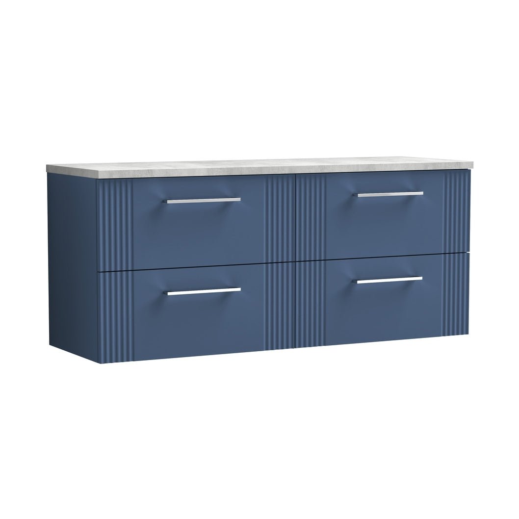 Nuie Deco 1200 Wall Hung 4-drawer Vanity & Laminate Worktop Contemporary Satin Blue MFC Painted Gloss 545x1215x455mm - DPF393LBG2 - JJ Building Materials