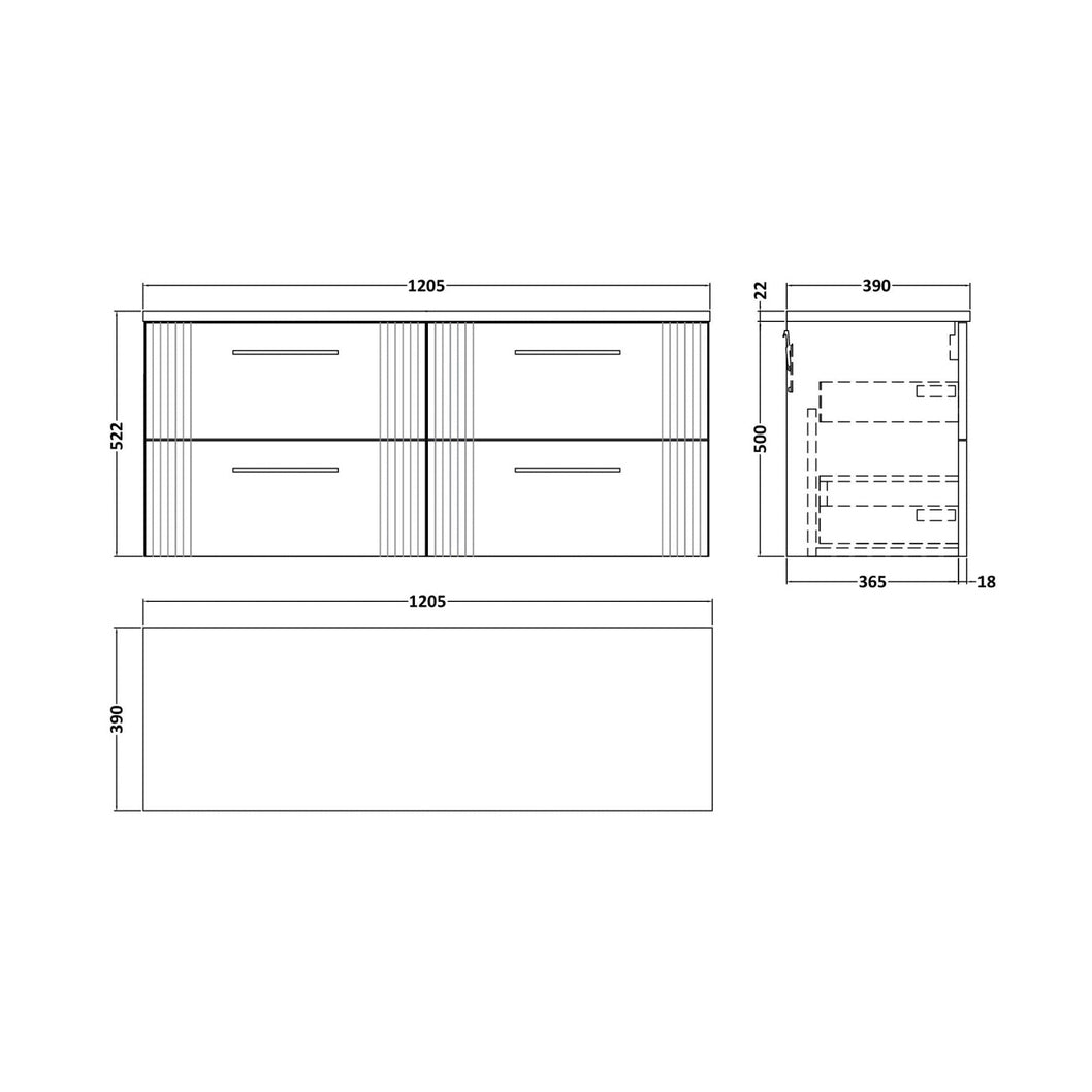 Nuie Deco 1200 Wall Hung 4-drawer Vanity & Laminate Worktop Contemporary Satin Green MFC Painted Gloss 545x1215x455mm - DPF893LCM2 - JJ Building Materials