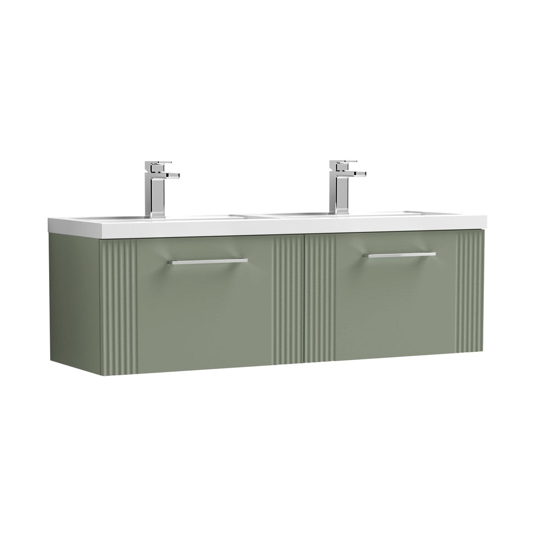 Nuie Deco 1200mm Wall Hung 2 Drawer Vanity & Double Basin Contemporary Satin Green MFC Painted Gloss 399x1205x390mm - DPF894C - JJ Building Materials