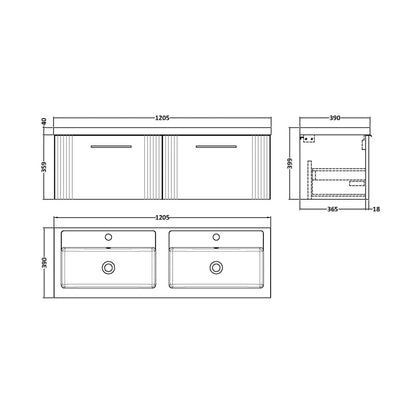Nuie Deco 1200mm Wall Hung 2 Drawer Vanity & Double Basin Contemporary Satin Green MFC Painted Gloss 399x1205x390mm - DPF894C - JJ Building Materials