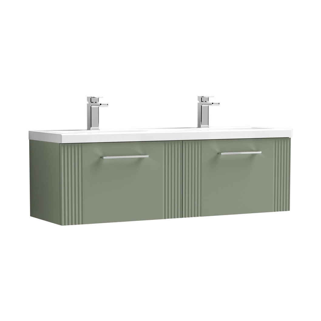 Nuie Deco 1200mm Wall Hung 2 Drawer Vanity & Double Basin Contemporary Satin Green MFC Painted Gloss 399x1205x390mm - DPF894F - JJ Building Materials