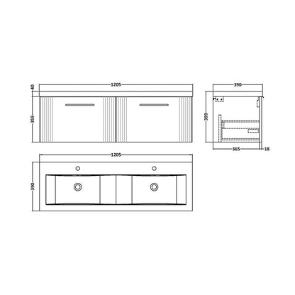 Nuie Deco 1200mm Wall Hung 2 Drawer Vanity & Double Basin Contemporary Satin Green MFC Painted Gloss 399x1205x390mm - DPF894F - JJ Building Materials