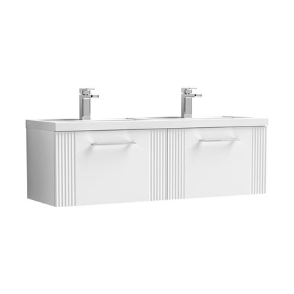 Nuie Deco 1200mm Wall Hung 2 Drawer Vanity & Double Basin Contemporary Satin White MFC Painted Gloss 399x1205x390mm - DPF194C - JJ Building Materials