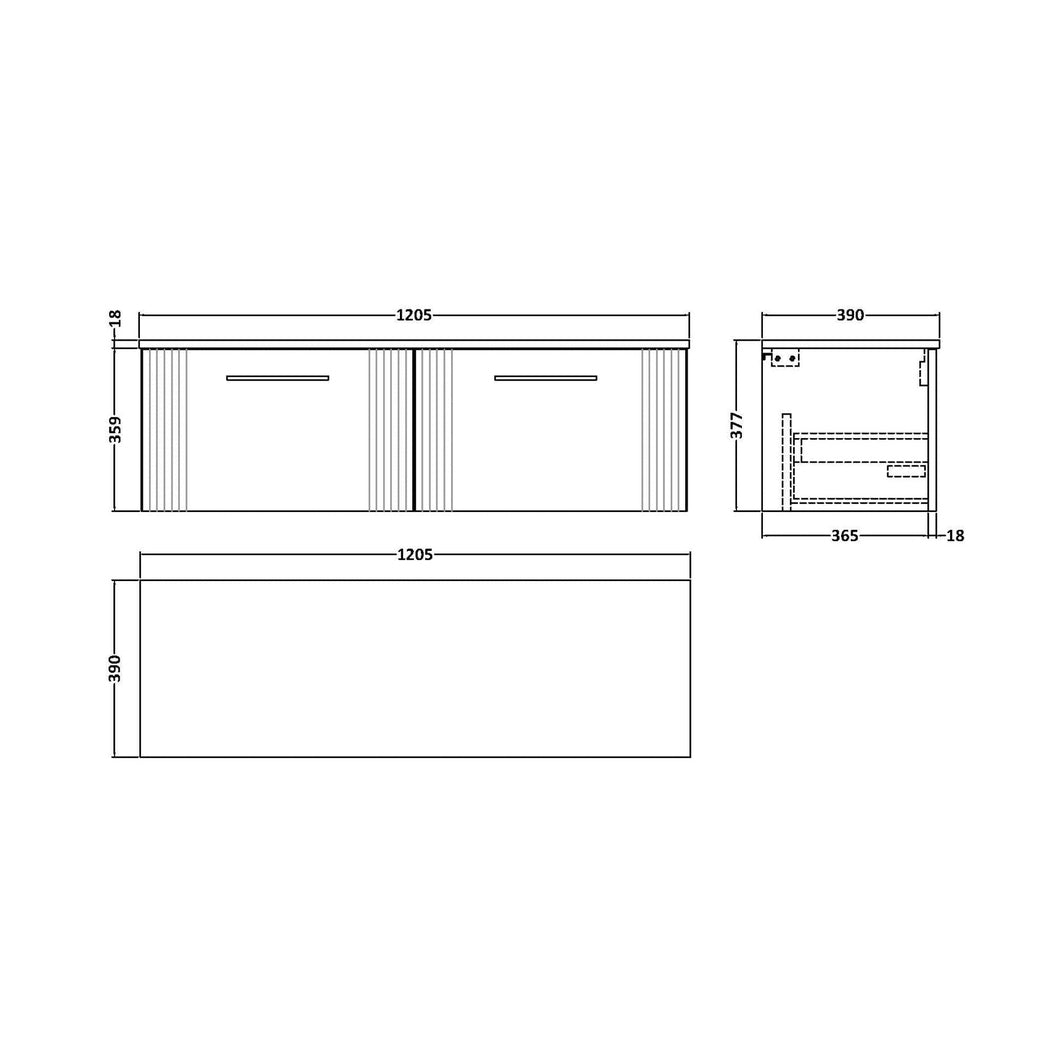 Nuie Deco 1200mm Wall Hung 2 Drawer Vanity & Worktop Contemporary Soft Black MFC Painted Gloss 377x1205x390mm - JJ Building Materials