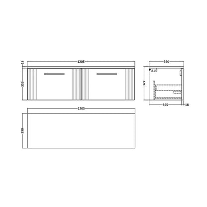 Nuie Deco 1200mm Wall Hung 2 Drawer Vanity & Worktop Contemporary Soft Black MFC Painted Gloss 377x1205x390mm - JJ Building Materials