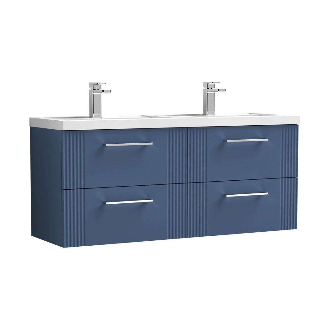 Nuie Deco 1200mm Wall Hung 4 Drawer Vanity & Double Basin Contemporary Satin Blue MFC Painted Gloss 540x1205x390mm - DPF393C - JJ Building Materials