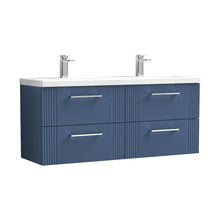 Nuie Deco 1200mm Wall Hung 4 Drawer Vanity & Double Basin Contemporary Satin Blue MFC Painted Gloss 540x1205x390mm - DPF393F - JJ Building Materials