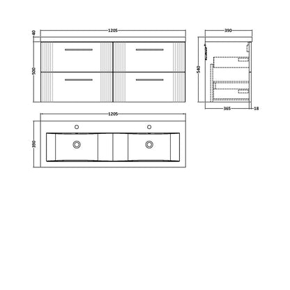 Nuie Deco 1200mm Wall Hung 4 Drawer Vanity & Double Basin Contemporary Satin Blue MFC Painted Gloss 540x1205x390mm - DPF393F - JJ Building Materials