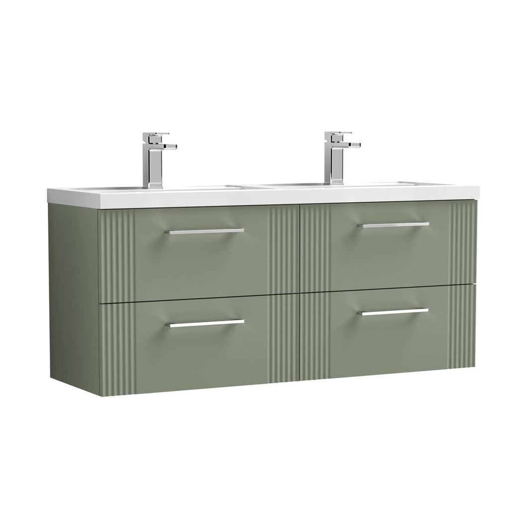 Nuie Deco 1200mm Wall Hung 4 Drawer Vanity & Double Basin Contemporary Satin Green MFC Painted Gloss 540x1205x390mm - DPF893C - JJ Building Materials
