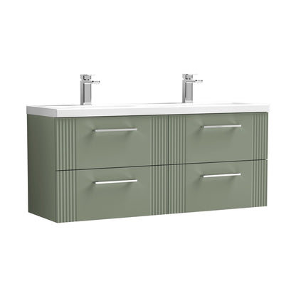 Nuie Deco 1200mm Wall Hung 4 Drawer Vanity & Double Basin Contemporary Satin Green MFC Painted Gloss 540x1205x390mm - DPF893F - JJ Building Materials