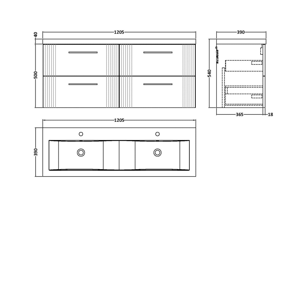 Nuie Deco 1200mm Wall Hung 4 Drawer Vanity & Double Basin Contemporary Satin Green MFC Painted Gloss 540x1205x390mm - DPF893F - JJ Building Materials