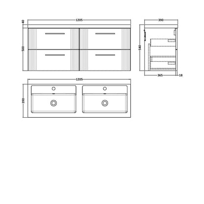 Nuie Deco 1200mm Wall Hung 4 Drawer Vanity & Double Basin Contemporary Satin Grey MFC Painted Gloss 540x1205x390mm - DPF293C - JJ Building Materials