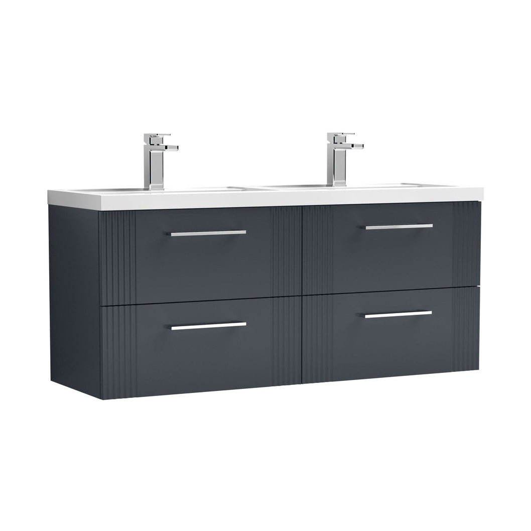 Nuie Deco 1200mm Wall Hung 4 Drawer Vanity & Double Basin Contemporary Soft Black MFC Painted Gloss 540x1205x390mm - DPF1493C - JJ Building Materials