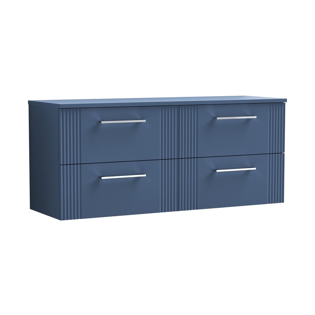 Nuie Deco 1200mm Wall Hung 4 Drawer Vanity & Worktop Contemporary Satin Blue MFC Painted Gloss 518x1205x390mm - JJ Building Materials