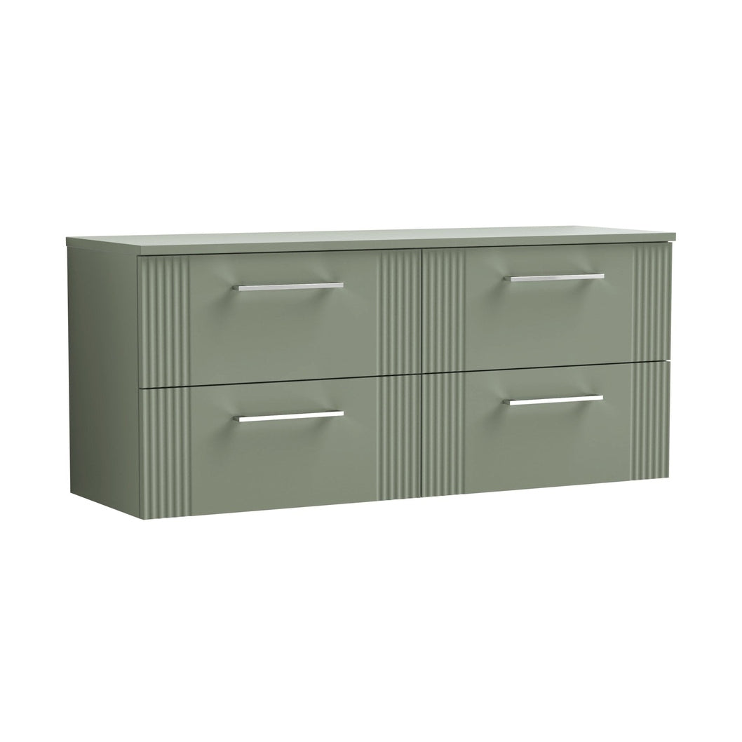 Nuie Deco 1200mm Wall Hung 4 Drawer Vanity & Worktop Contemporary Satin Green MFC Painted Gloss 518x1205x390mm - JJ Building Materials