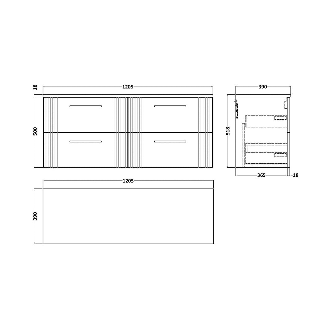 Nuie Deco 1200mm Wall Hung 4 Drawer Vanity & Worktop Contemporary Satin Grey MFC Painted Gloss 518x1205x390mm - JJ Building Materials