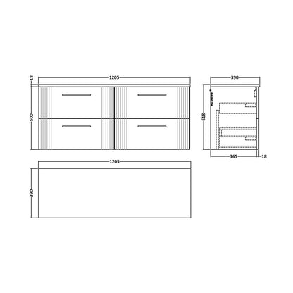 Nuie Deco 1200mm Wall Hung 4 Drawer Vanity & Worktop Contemporary Satin Grey MFC Painted Gloss 518x1205x390mm - JJ Building Materials