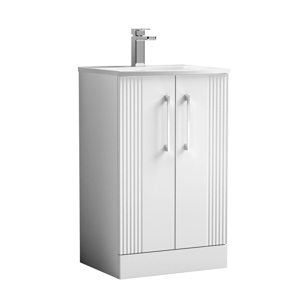 Nuie Deco 500mm Floor Standing 2 Door Vanity & Basin 4 Contemporary Satin White MFC Painted Gloss 840x510x440mm - JJ Building Materials