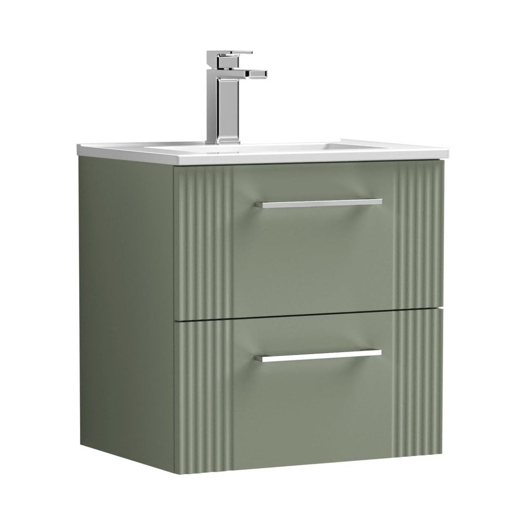 Nuie Deco 500mm Wall Hung 2 Drawer Vanity & Basin 2 Contemporary Satin Green MFC Painted Gloss 518x505x395mm - JJ Building Materials
