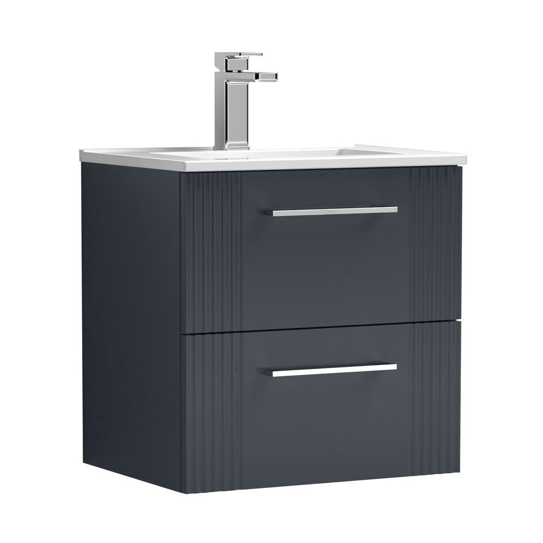 Nuie Deco 500mm Wall Hung 2 Drawer Vanity & Basin 2 Contemporary Soft Black MFC Painted Gloss 518x505x395mm - JJ Building Materials