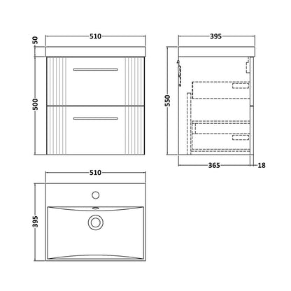 Nuie Deco 500mm Wall Hung 2 Drawer Vanity & Basin 3 Contemporary Satin Blue MFC Painted Gloss 550x510x395mm - JJ Building Materials
