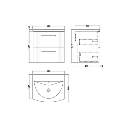 Nuie Deco 500mm Wall Hung 2 Drawer Vanity & Basin 4 Contemporary Satin Grey MFC Painted Gloss 530x510x440mm - JJ Building Materials