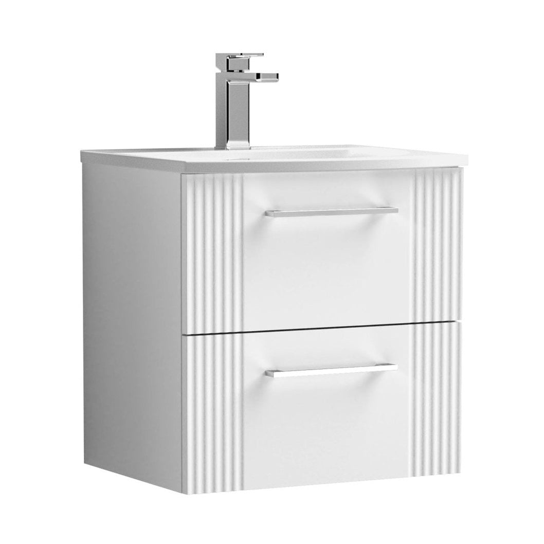Nuie Deco 500mm Wall Hung 2 Drawer Vanity & Basin 4 Contemporary Satin White MFC Painted Gloss 530x510x440mm - JJ Building Materials