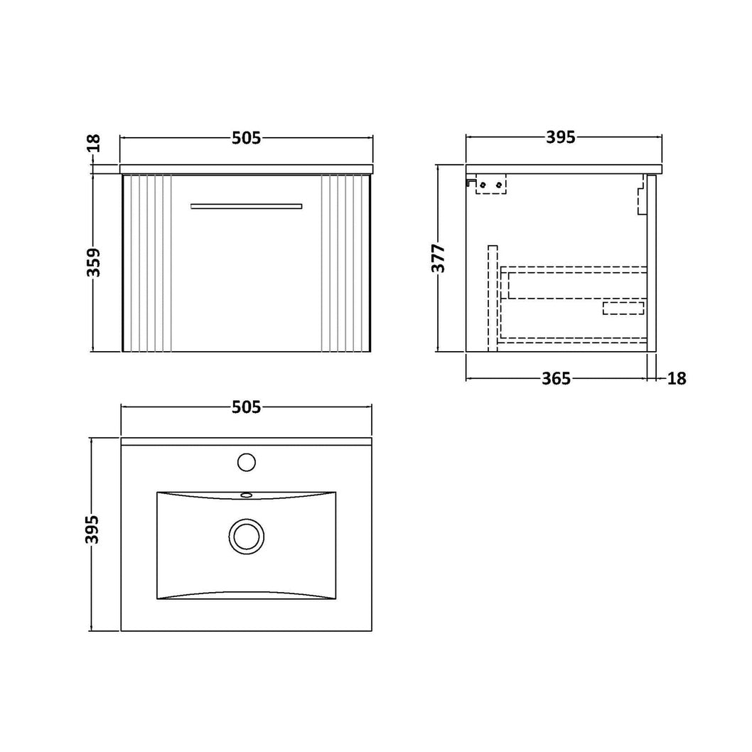 Nuie Deco 500mm Wall Hung Single Drawer Vanity & Basin 2 Contemporary Satin Grey MFC Painted Gloss 377x505x395mm - JJ Building Materials
