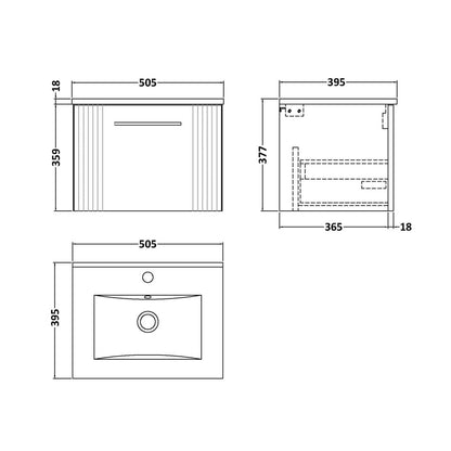 Nuie Deco 500mm Wall Hung Single Drawer Vanity & Basin 2 Contemporary Satin Grey MFC Painted Gloss 377x505x395mm - JJ Building Materials