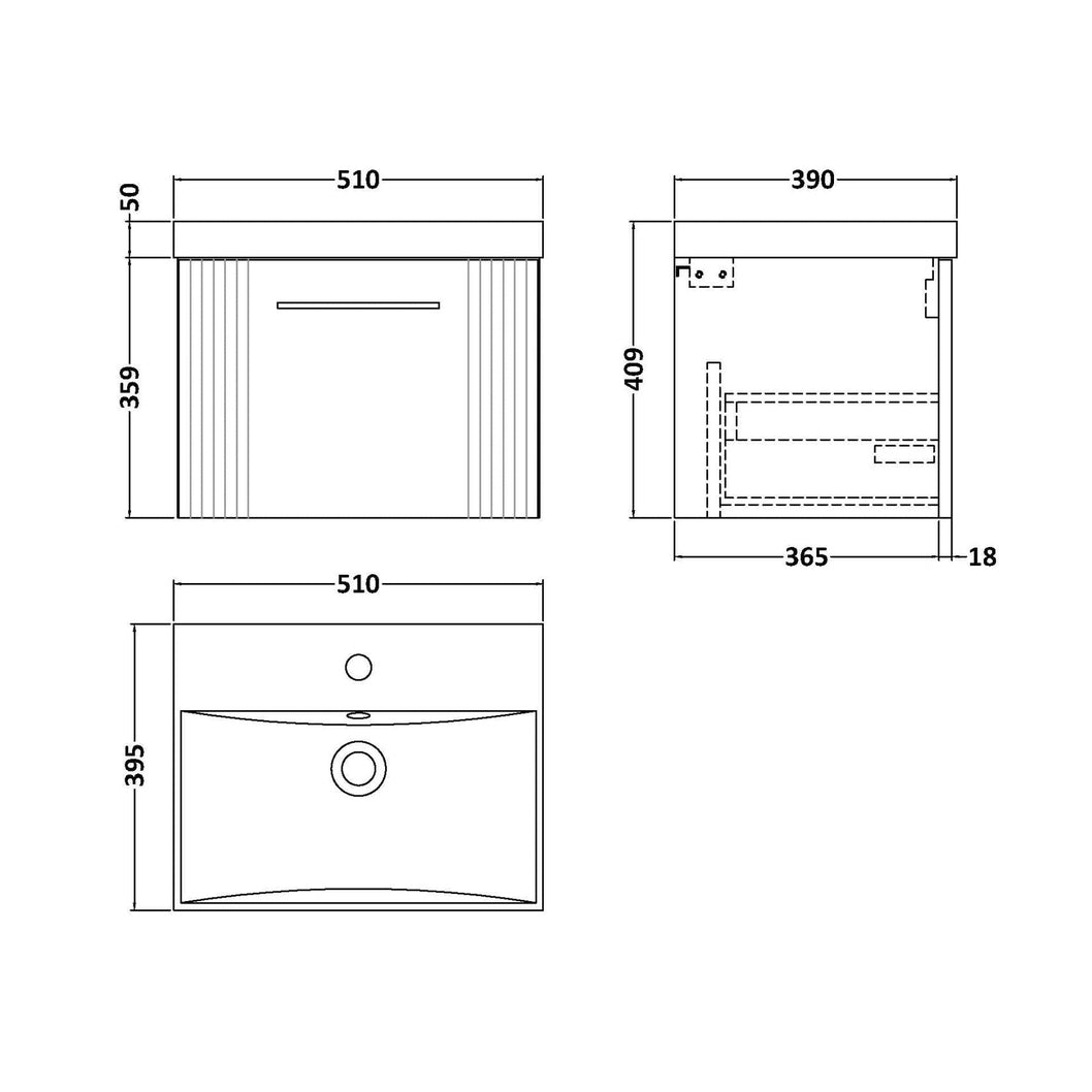 Nuie Deco 500mm Wall Hung Single Drawer Vanity & Basin 3 Contemporary Satin White MFC Painted Gloss 409x510x390mm - JJ Building Materials