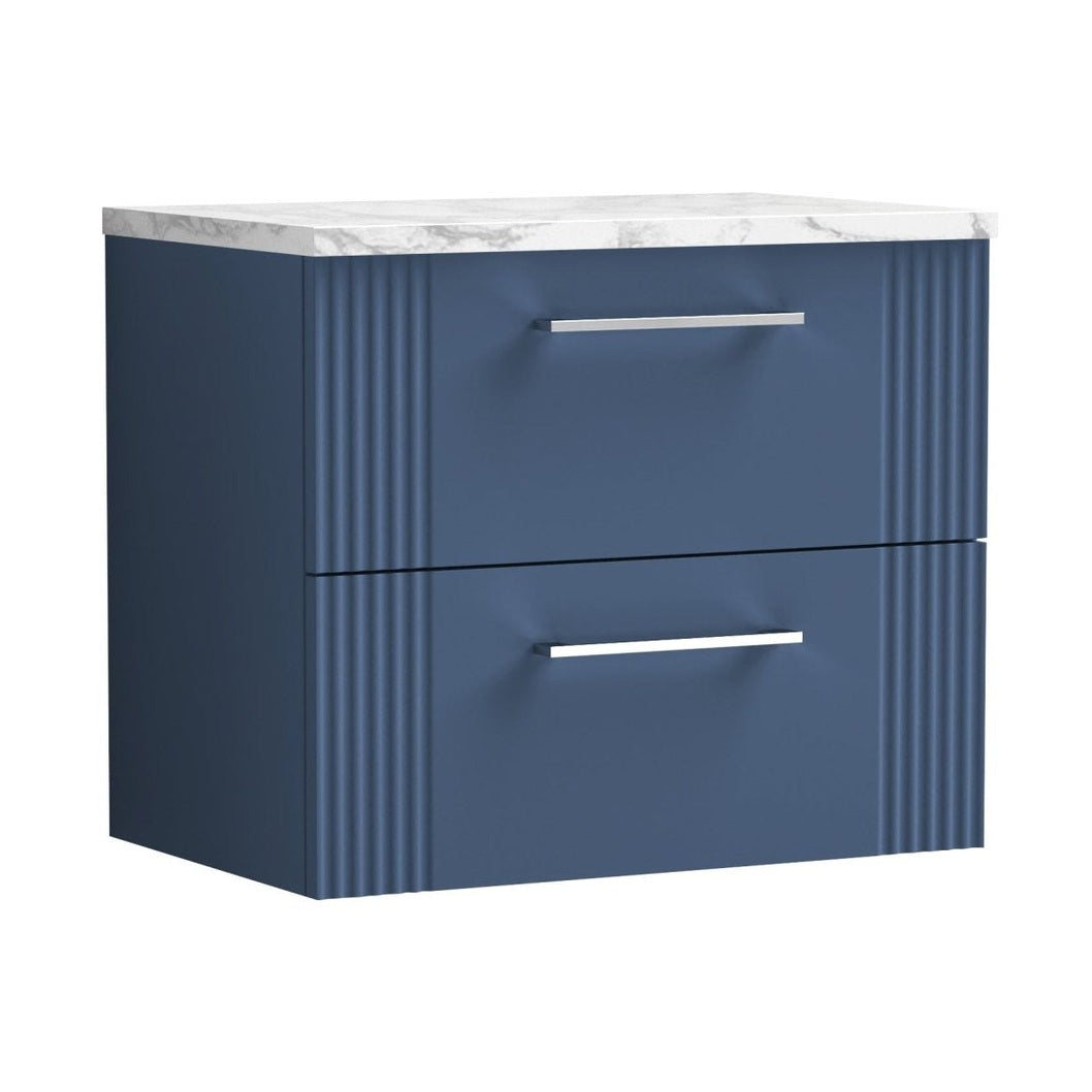 Nuie Deco 600 Wall Hung 2-drawer Vanity & Laminate Worktop Contemporary Satin Blue MFC Painted Gloss 522x605x390mm - JJ Building Materials