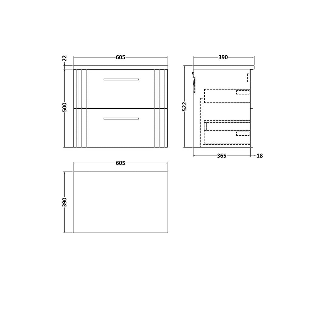 Nuie Deco 600 Wall Hung 2-drawer Vanity & Laminate Worktop Contemporary Satin Green MFC Painted Gloss 522x605x390mm - JJ Building Materials